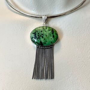Boho-Chic Green Zoisite Silver Plated Fringe Pendant